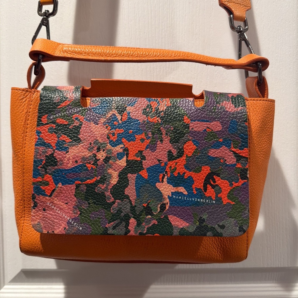 Marcell Von Berlin Orange Leather Crossbody Camo Satchel Bag 10x8 Made In Italy